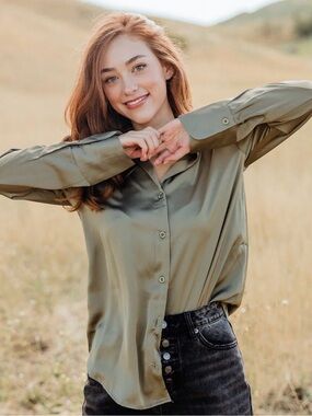 Love Olive Co. Haiden Top- Olive Green Satin Button-Up Shirt - Women's Top